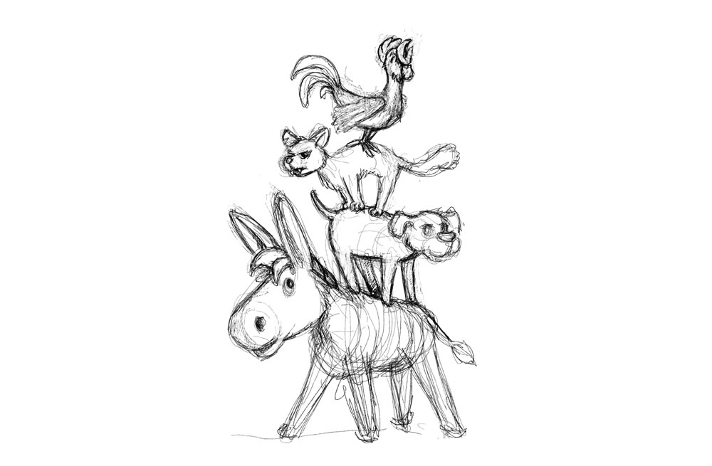 Konzeptskizze „Die Bremer Stadtmusikanten als Klimaaktivist:innen“: Erste Scribbles visualisieren das Cross-Media-Storytelling mit Esel, Hund, Katze und Hahn.