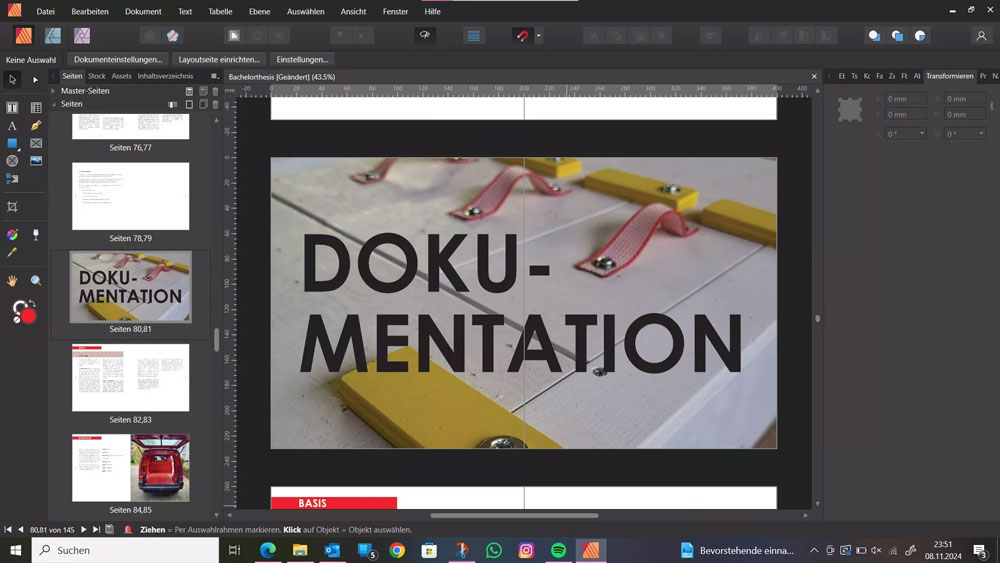 Screenshot aus dem Layout-Programm: Auszug aus der Dokumentation „Teilzeit-Vanlife“ mit modularen Kapitelseiten und Bild-Text-Anordnung.