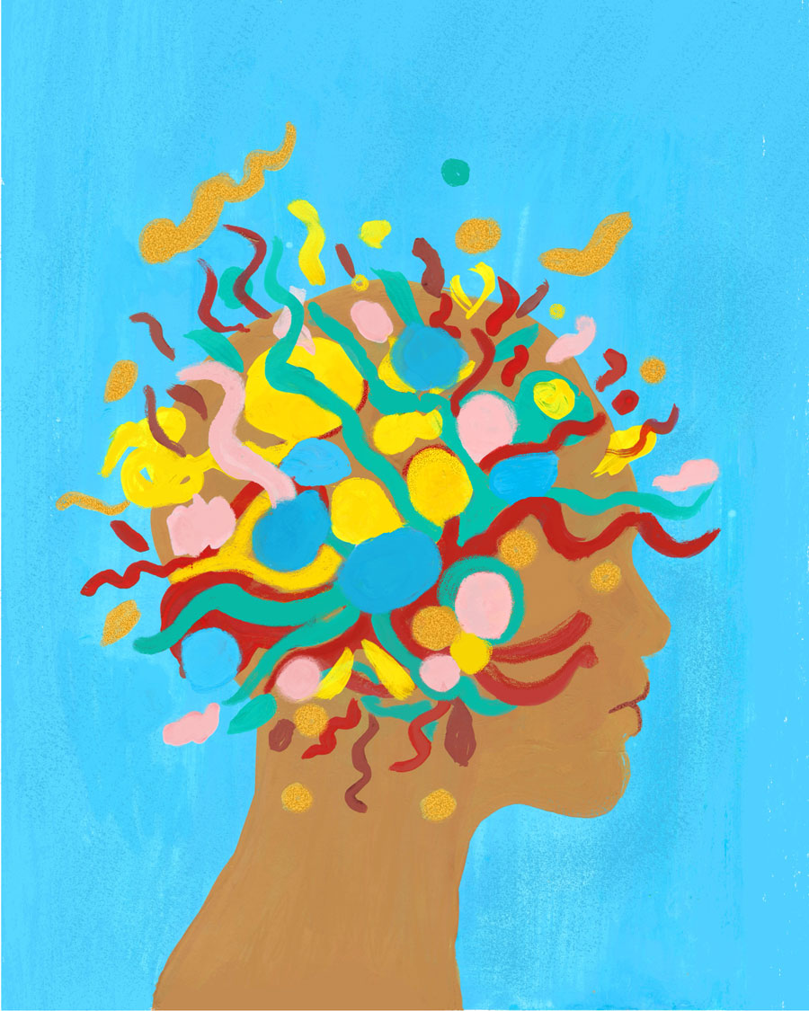 Musik entfaltet im Kopf ein farbenfrohes Feuerwerk der Emotionen und Gedanken – ein kreatives Zusammenspiel, das weit über Worte hinausgeht. Illustration: Juliana Mestiço