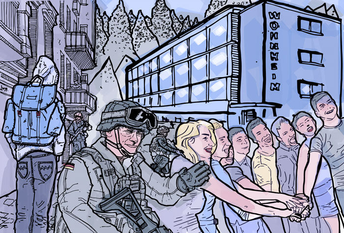 Zwischen Kasernentor und Campus: Die Illustration bringt meinen Weg vom Soldaten zur sozialen Arbeit im geplanten Wohnheim auf einen Blick zusammen. Illustration: Alexander Auffermann