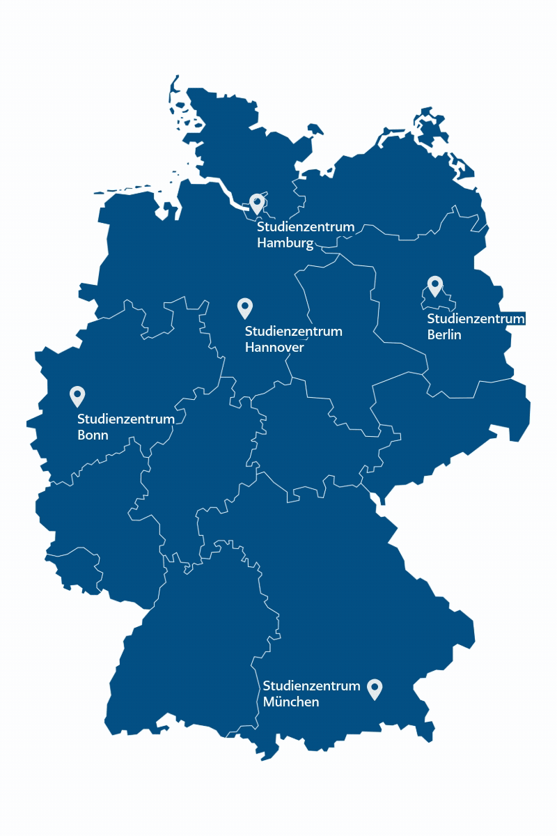 Deutschlandkarte Praxispartner Duales Studium mit den Standorten Berlin, Bonn, Hamburg, Hannover und München
