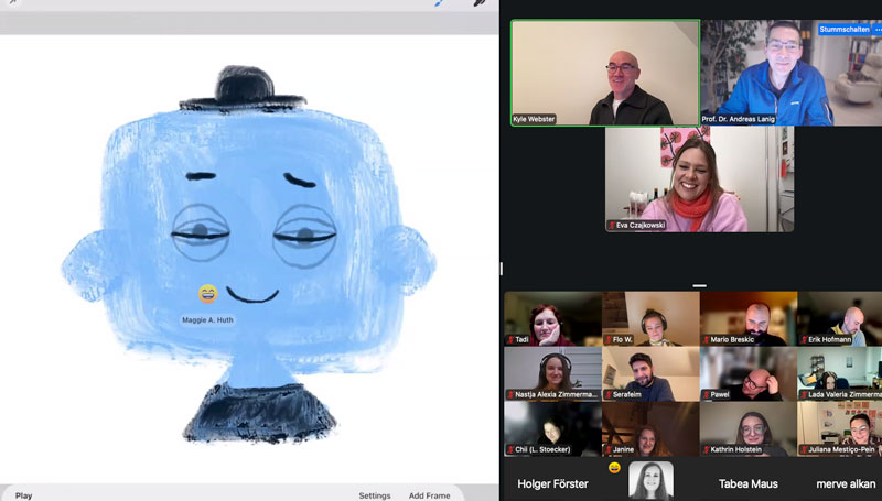 Screenshot aus dem Workshop der Online-Veranstaltung: Auf dem Bildschirm ist eine einfache blaue Figurenanimation in Procreate zu sehen, daneben die Referent:innen, die Moderation und mehrere Teilnehmende in der Zoom-Ansicht.