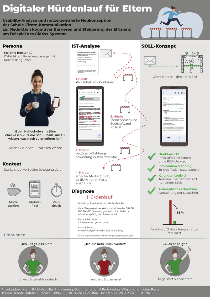 Digitaler Hürdenlauf für Eltern: Jessica untersuchte im 3. Semester, warum eine schulische Zahlung 14 Schritte erfordert – und wie Informationsdesign das ändern kann.
