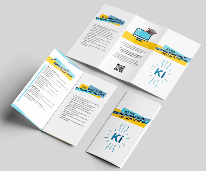 Daniela und Len übersetzen ihre Prozessreflexion in ein informatives Flyer-Format: Der Entwurf macht sichtbar, wie sich Studierende im Kommunikationsdesign methodisch mit KI-Tools, Chancen, Risiken und reflektierter Anwendung im Studium auseinandersetzen.
