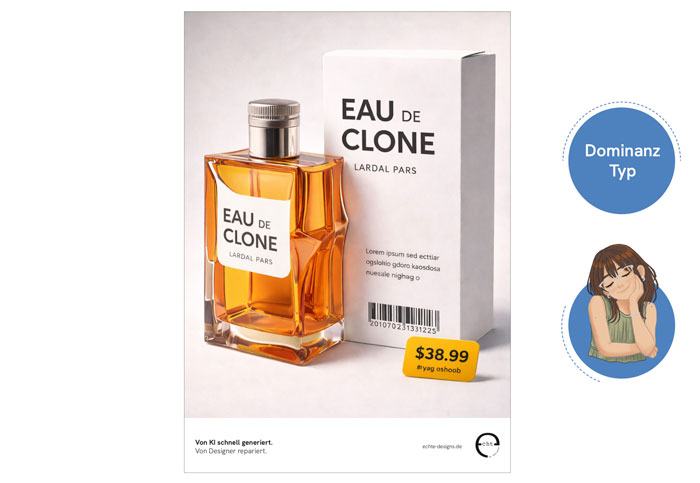 Lena, Isabelle und Lorena machen in ihrer Kampagne sichtbar, wie KI im Designprozess Grenzen erreicht: Das Motiv „Eau de Clone“ inszeniert eine KI-generierte Luxusästhetik, die erst durch menschliche Urteilskraft überzeugt.