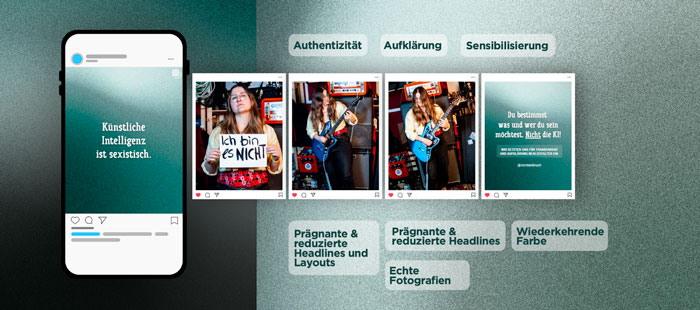 Vanessa zeigt mit einer Social-Media-Kampagne, wie Kommunikationsdesign KI nicht nur nutzt, sondern kritisch befragt: Mit authentischen Fotografien, klaren Headlines und einer reduzierten visuellen Sprache wird KI als gesellschaftliches Thema sichtbar.