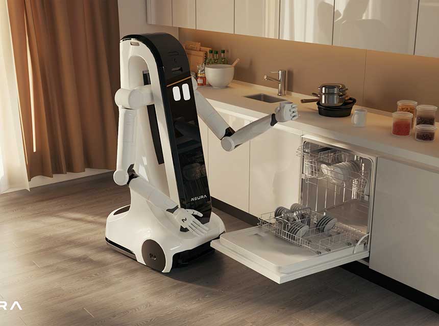 Ein humanoider Roboter räumt eine Geschirrspülmaschine ein – als Beispiel dafür, wie Technik Pflegekräfte künftig bei einfachen Alltagsaufgaben unterstützen kann. Bild: Neura Robotics GmbH