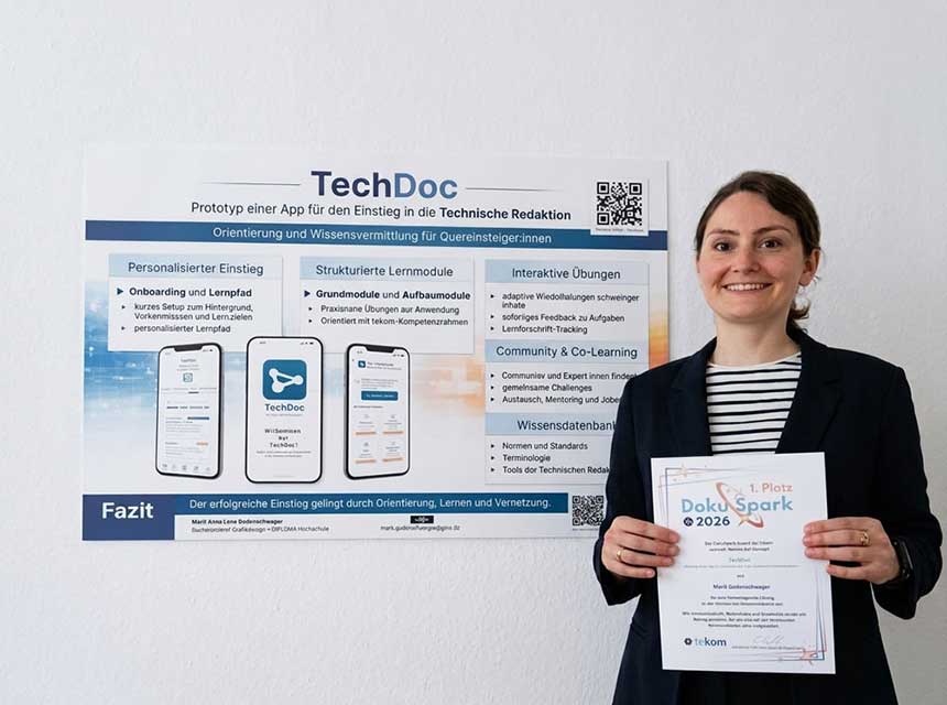 Anwendungsorientiertes Designstudium in der Praxis: Dr. Marit Gudenschwager übersetzte ihre Analyse des Berufseinstiegs in die Technische Redaktion in einen nutzerzentrierten App-Prototypen – und gewann damit den DokuSpark Award 2026.