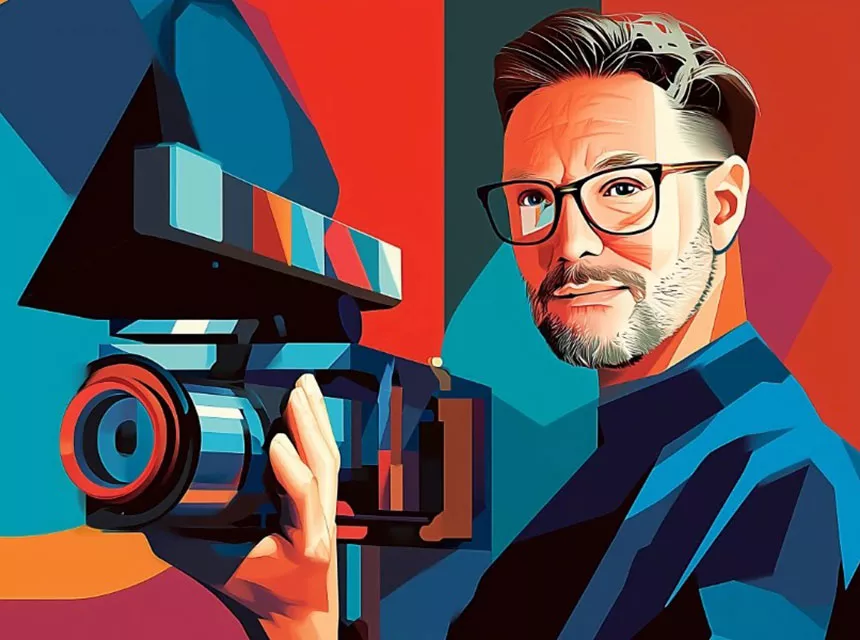 Grafisch bunt dargestellter Mann mit Kamera