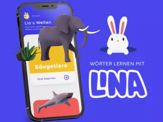 Dunkelblauer Hintergrund mit Smartphone und Logo der Lernapp LINA.
