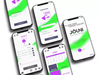 Mehrere Smartphones mit Screens aus der App Jouni in Neongrün mit schwarzer Schrift.