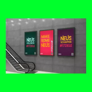 3 Plakate die die Nachhaltigkeitskampagne "Neus" bewerben.