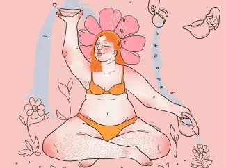 Bunte Zeichnung einer dickeren Frau im Bikini die meditiert und Blumen gießt