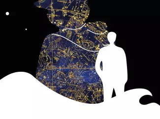 Abstrakte Zeichnung eines Mannes, im Vordergrund eine Welle, im Hintergrund ein astrologisches Sternbild