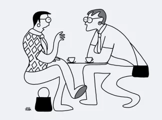 Strichzeichnung von zwei Personen die sich bei einen Kaffee unterhalten