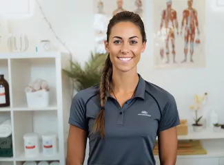 Junge Osteopathin lächelt in die Kamera, im Hintergrund ihre Praxis