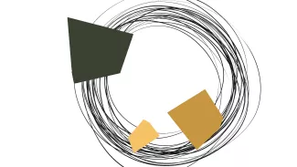 Abstrakte Kreisdarstellung mit schwarzen Linien und geometrischen Formen, die einen offenen, bewegten Werteprozess symbolisiert. Abstrakte Kreisdarstellung mit schwarzen Linien und geometrischen Formen, die einen offenen, bewegten Werteprozess symbolisiert.