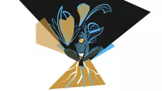 Illustration einer Person, die auf einem stilisierten Pflanzenblatt sitzt, umgeben von abstrakten Pflanzen- und Wurzelelementen, die für Verwurzelung und Wachstum stehen. Illustration einer Person, die auf einem stilisierten Pflanzenblatt sitzt, umgeben von abstrakten Pflanzen- und Wurzelelementen, die für Verwurzelung und Wachstum stehen.