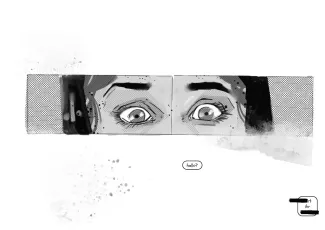 Eine Nahaufnahme der überraschten Augen der Protagonistin, die erneut fragt: „Hallo?“, während der Comic sie und die Leser:innen humorvoll und rätselhaft zurücklässt. Eine Nahaufnahme der überraschten Augen der Protagonistin, die erneut fragt: „Hallo?“, während der Comic sie und die Leser:innen humorvoll und rätselhaft zurücklässt.