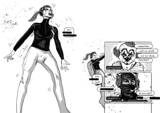 Die Frau kämpft um Orientierung und Kommunikation, während Figuren aus einem Videospiel und einem grinsenden Clown sie verwirren und wiederholen, dass alles nur eine Übung sei. Die Frau kämpft um Orientierung und Kommunikation, während Figuren aus einem Videospiel und einem grinsenden Clown sie verwirren und wiederholen, dass alles nur eine Übung sei.