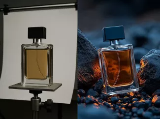 Foto eines Parfum-Flakons in der Natur