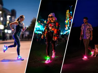 Werbebilder von Menschen mit leuchtenen Schuhen