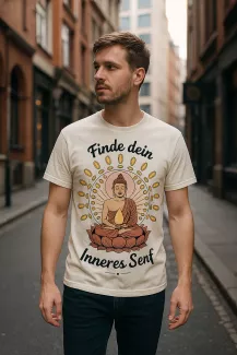 KI-generiertes T-shirt-Design mit Buddha am Model