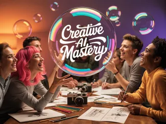 Creative AI Mastery Schwebende Seifenblase an einem Tisch mit Menschen