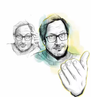 „Links (graustufig) zweifelt ein Mann mit Brille, legt den Finger an die Schläfe – Symbol für die Killerphrase „Das kann nicht sein“. Rechts (farbig) dieselbe Person lächelt und streckt die offene Hand entgegen, als freundliche Einladung: „Erklär es mir bitte.““