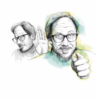 „Links (graustufig) hebt der Mann abwehrend die Hand und wendet sich ab – er stoppt die andere Person. Rechts (farbig) hört er aufmerksam zu, lächelt und zeigt bestätigend auf den Betrachter – Botschaft: „Ich denke genauso.“