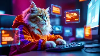 KI-generierte Katze am PC
