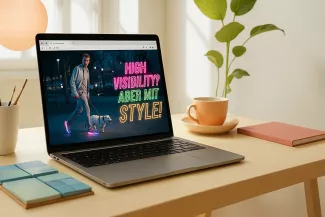 Kreative Ideenfindung mit KI Laptop mit KI-generierter Werbung