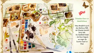 Lebendige Aquarellzeichnung einer Gartenszene mit Farben, Pinseln und kleinen Pflanzen, begleitet von einem heiteren Gedicht über eine „Schnecken-Disco“. Lebendige Aquarellzeichnung einer Gartenszene mit Farben, Pinseln und kleinen Pflanzen, begleitet von einem heiteren Gedicht über eine „Schnecken-Disco“.