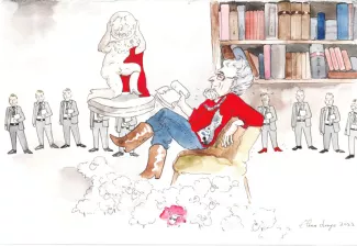 Aquarellillustration: Professor Tilo Staudenrausch (TS) sitzt entspannt mit Buch, rotem Hemd, Jeans und braunen Cowboystiefeln vor einer Bücherwand; zu seinen Füßen wuseln weiße Schafe, links eine Atlas-Statue mit rotem Umhang, im Hintergrund eine Reihe uniform gekleideter Männer in grauen Business-Anzügen. Aquarellillustration: Professor Tilo Staudenrausch (TS) sitzt entspannt mit Buch, rotem Hemd, Jeans und braunen Cowboystiefeln vor einer Bücherwand; zu seinen Füßen wuseln weiße Schafe, links eine Atlas-Statue mit rotem Umhang, im Hintergrund eine Reihe uniform gekleideter Männer in grauen Business-Anzügen.