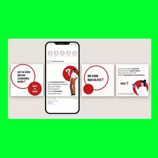 ocial-Media-Karussell mit fünf Karten und einem Smartphone-Mockup: Informationsgrafiken zur Leishmaniose („Hast du schon über Leishmaniose gehört?“, „Wie kann man helfen?“) umrahmen das zentrale Handy, auf dem ein Leishmaniose-Beitrag im Instagram-Feed angezeigt wird.