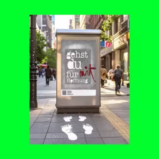 Straßenplakat an einem Gehweg-Display: weiße Schrift „gehst du für mit Hoffnung“ auf grauem Beton-Hintergrund, rechts hervorgehoben das Wort „mit“ in roter Handschrift; am Boden weiße Fußspuren, die zum Plakat führen.