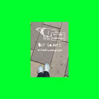 Weiße Kreidezeichnung einer Taube auf Frankfurter Gehwegplatten; Sprechblase „You are gurrgeous“, darunter der Satz „But so am I.“ und der Hashtag #stadttaubenprojekt; unten ragen zwei Turnschuhe ins Bild.