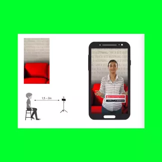 Zweigeteiltes Layout: links ein rotes Sofa auf hellem Hintergrund mit MSF-Logo, rechts ein Smartphone, in dem eine Sprecherin vor der Sofa-Kulisse ein Spendenvideo präsentiert; unten eine Grafik, die den empfohlenen Kameraabstand (1,5–2 m) visualisiert.