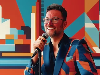 Mann grafisch bunt dargestellt mit Mikro in der Hand