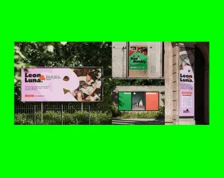 Mehrere Außenwerbeformate im Stadtraum: ein großes rosa Plakat mit „Leon & Luna“, ein grünes Plakat „Dan & Dobby“, eine dreigeteilte Fassade mit den Flächen „herz & pfoten“ – Social-Design-Kampagne für Tierheime.