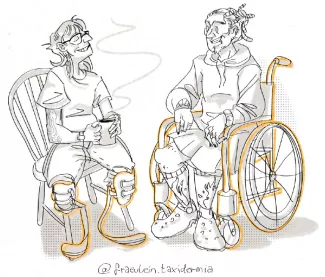 Illustration von Lehrenden und Lernenden im Rollstuhl von Pia Teutenberg