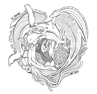 Eine gezeichnete Illustration, die verschiedene Meereslebewesen wie Wale, Delfine, Schildkröten und eine Meerjungfrau liebevoll miteinander verbunden zeigt. Die Botschaft lautet „See Friends Not Food“.