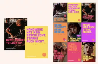 Collage aus Plakaten und Social-Media-Motiven in Gelb, Pink, Orange, Schwarz und Violett. Zu sehen sind Porträts junger Frauen, eine Person bei handwerklicher Arbeit und große typografische Botschaften wie „Handwerk hat kein Geschlecht. Stärke auch nicht.“, „No queen stands alone.“ und „Sei nicht angepasst. Sei du.“