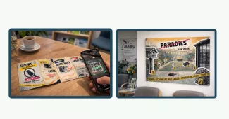 Smartphone-Mockup vor dunkelblauem Hintergrund mit einer Social-Media-Ansicht von „@vogelspur“. Auf dem Display steht in großen weißen Buchstaben „Mega Hörgespür! Hast du auch Ermittlungsblick?“. Darunter ist ein kleiner Tatort-Screenshot mit markierten Spuren und ein pinker Button mit der Aufschrift „Jetzt zum Tatort“.