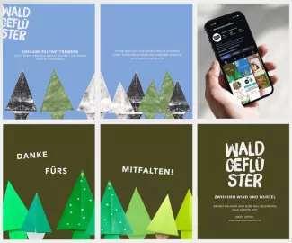 Sechsteilige Bildcollage in Hellblau, Weiß und Olivgrün. Zwei Plakate werben für einen Origami-Faltwettbewerb, daneben ist ein Smartphone mit dem Instagram-Auftritt des Naturmuseums zu sehen. In drei weiteren Motiven erscheinen grüne Papierbäume und Schriftzüge wie „Danke fürs Mitfalten!“ sowie „Waldgeflüster – Zwischen Wind und Wurzel“.