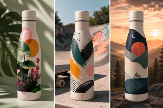 Drei Flaschen mit verschiedenen Designs