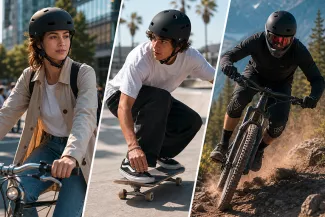 Drei sportliche Personen auf dem Fahrrad oder Skateboard
