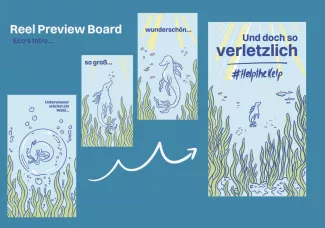 Storyboard eines vertikalen Social-Media-Reels auf petrolfarbenem Grund: Eine gezeichnete Meeresfigur schwimmt durch einen Kelpwald; die Schlussfolie trägt den Hashtag #HelpTheKelp.