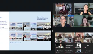 Screenshot der digitalen Abschlusspräsentation: Links ist ein Karussell-Post über die Vereinsarbeit des SALZWASSER VEREIN zu sehen, rechts erscheinen die Teilnehmenden in mehreren Videokacheln.