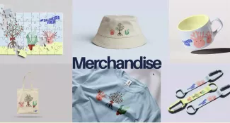 Collage mit Merchandise-Entwürfen für den SALZWASSER VEREIN: Puzzle, Fischerhut, Tasse, Stoffbeutel, hellblaues T-Shirt und Schlüsselanhänger mit farbigen Meeresmotiven.